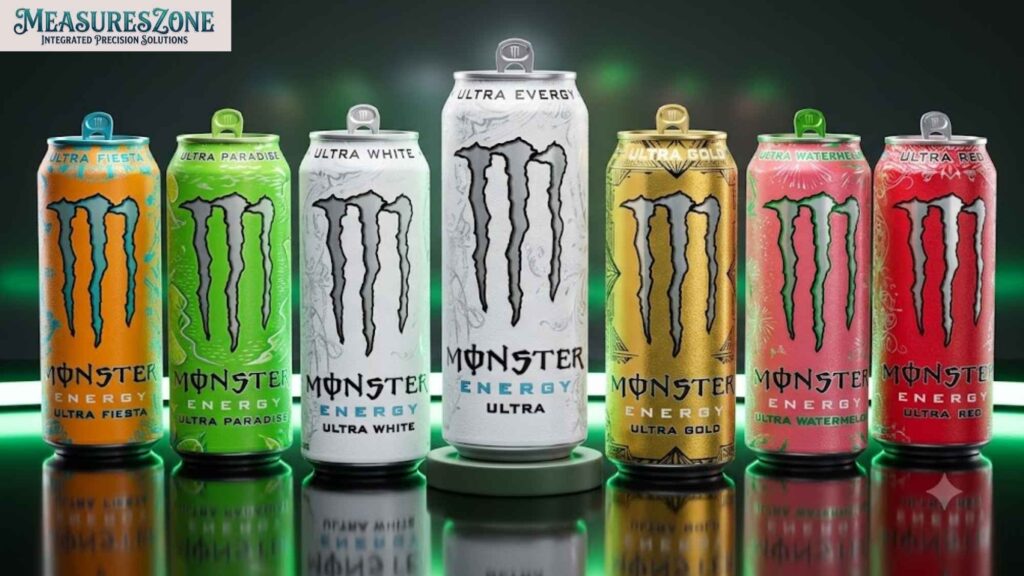 A lineup of seven assorted Monster Energy Ultra drink cans. Arranged side-by-side on a reflective surface with green background lights.