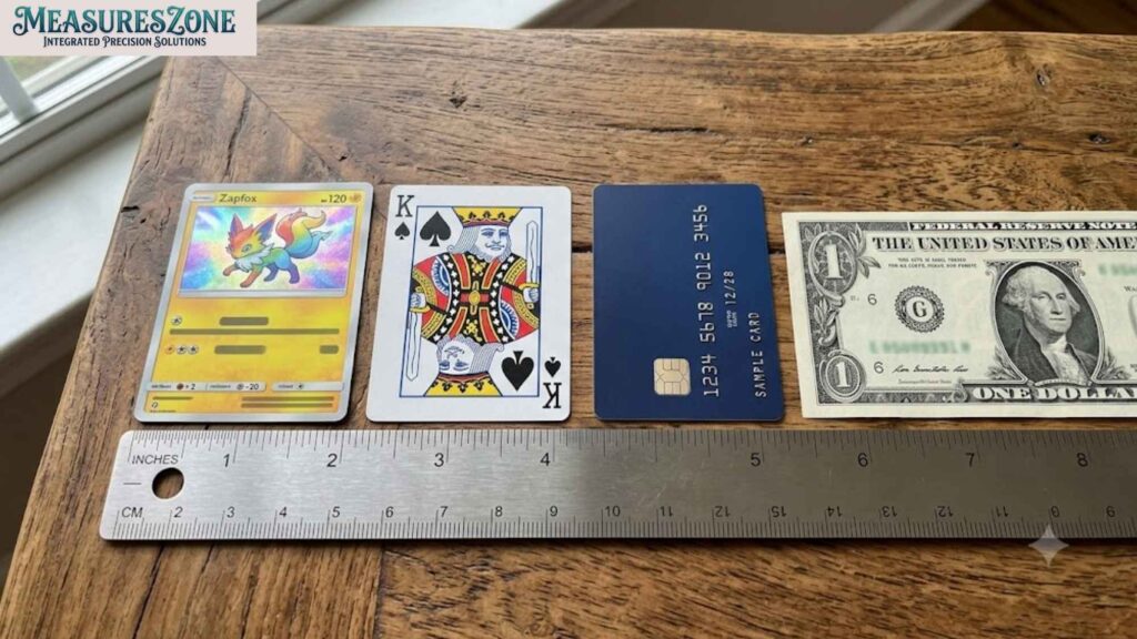 A custom Zapfox card, King of Spades, credit card, and dollar bill lined up on wood