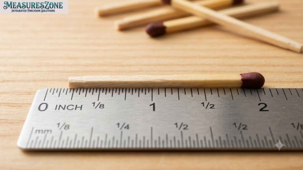 A wooden matchstick next to a metal ruler.