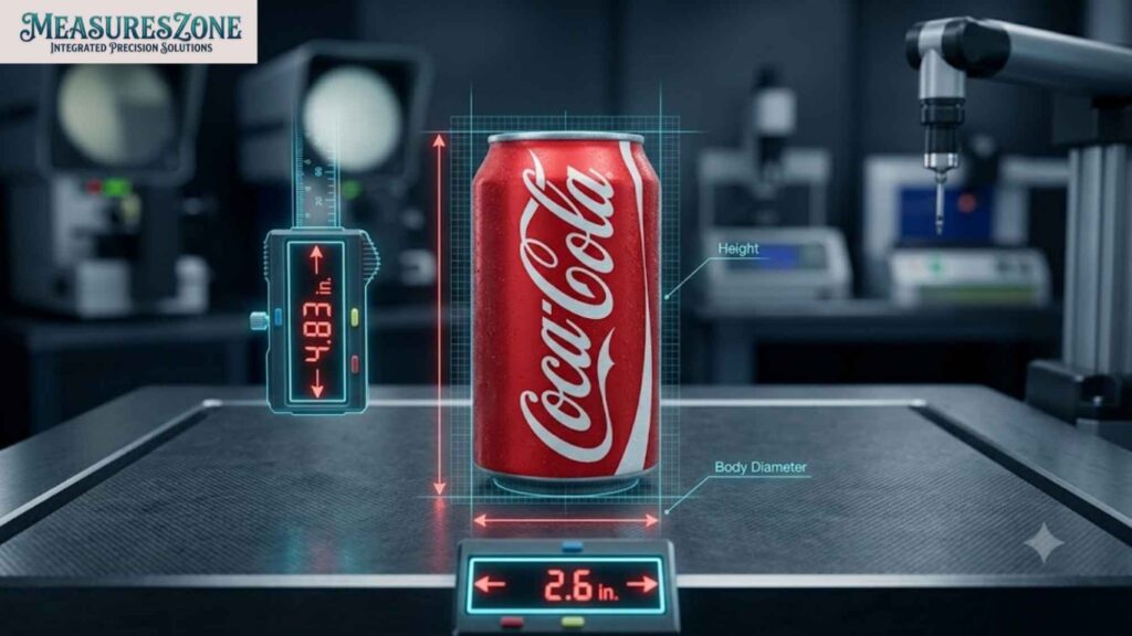 Coca-Cola can on an engineering inspection surface. Digital overlays show the height as 4.83 in. and diameter as 2.6 in.