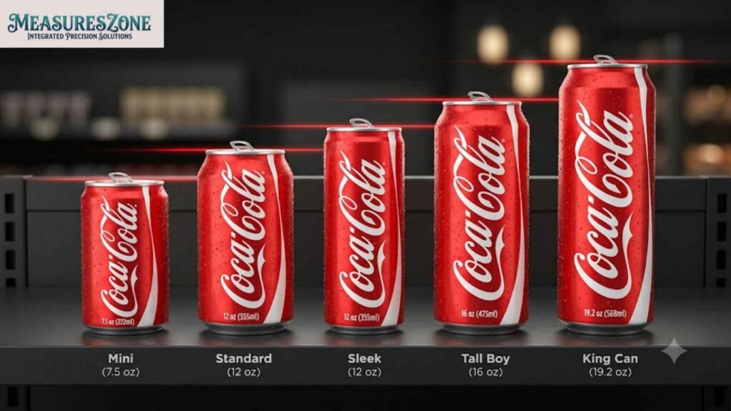 five Coke can arranged by increasing height on a shelf. Labels identify them as Mini (7.5 oz), Standard (12 oz), Sleek (12 oz), Tall Boy (16 oz), and King Can (19.2 oz).