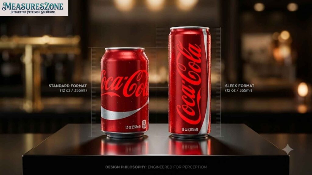 Standard and sleek 12 oz Coke can compared side by side. Measurement lines highlight differing dimensions for the same volume.