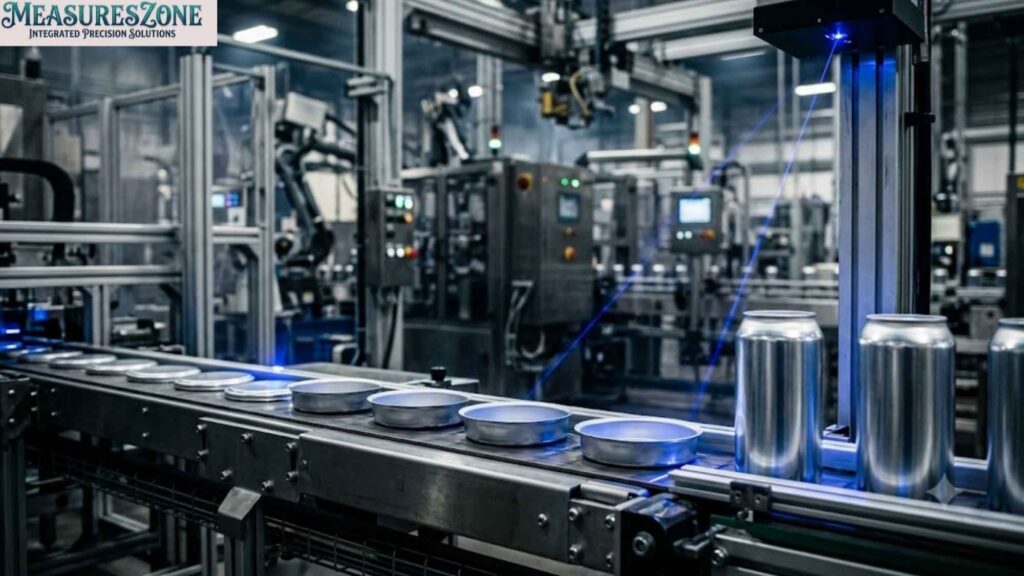 Aluminum cups progress into fully formed cylindrical cans along a factory conveyor belt. The automated manufacturing process is illuminated by blue laser inspection lights.