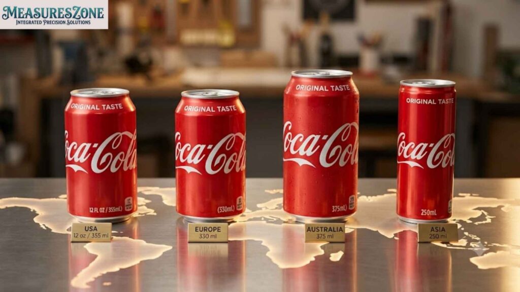 Four Coke can of varying heights representing USA, Europe, Australia, and Asia formats. They sit on a glowing world map, illustrating their consistent diameters despite different volumes.