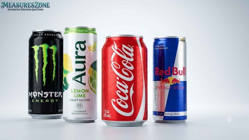 A lineup of four condensation covered beverage cans. Brands shown are Monster, Aura, Coca-Cola, and Red Bull.