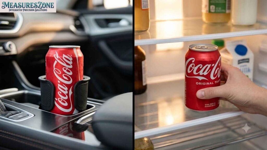 A split-screen view showing a standard Coca Cola can in everyday settings. Left: resting in a car cup holder; Right: being placed on a fridge shelf.
