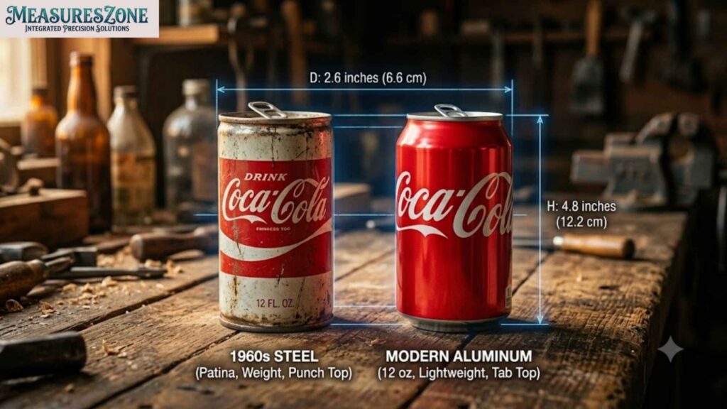 A weathered 1960s steel Coca Cola can sits next to a modern aluminum version on a workbench. Blueprint lines indicate they share the exact same height and diameter across eras.