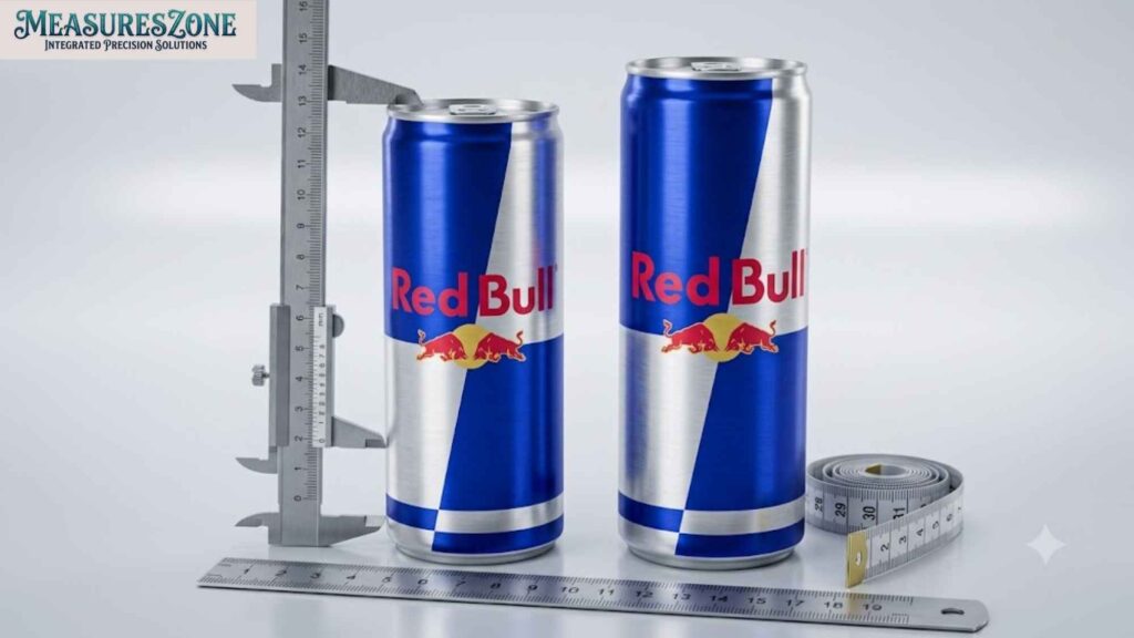 Two Red Bull slim cans of slightly different heights side-by-side on a clean white surface.
