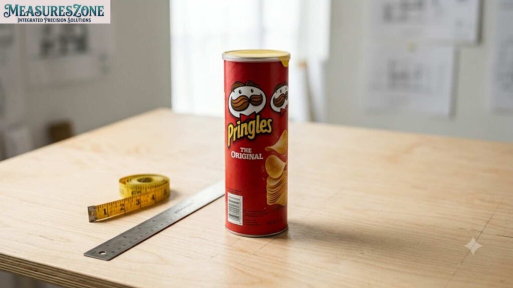 A red can stands upright on a wooden drafting table. Beside it rests a metal ruler and a coiled yellow measuring tape.