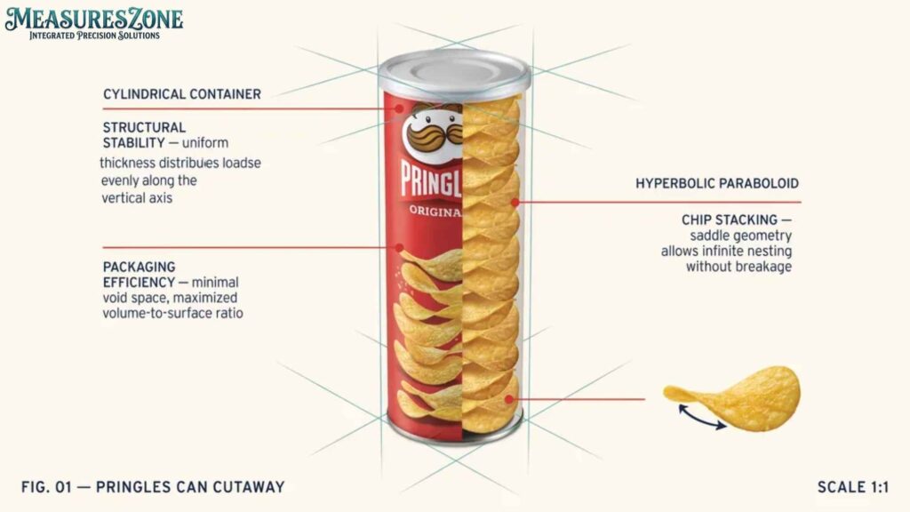 Cutaway diagram of a can illustrating the densely stacked, hyperbolic paraboloid chips. Text overlays explain how this geometry ensures structural stability and packaging efficiency.
