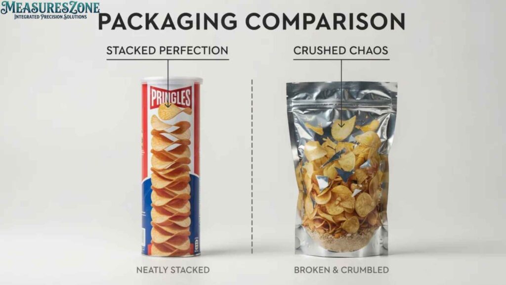 A packaging comparison showing a Pringles can with perfectly stacked, intact potato chips. Beside it is a flexible bag filled with broken and crumbled potato chips.