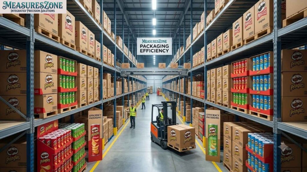 A large industrial warehouse with shelves packed with boxes and displays of Pringles cans. Workers and a forklift navigate the aisle beneath a "PACKAGING EFFICIENCY" sign.
