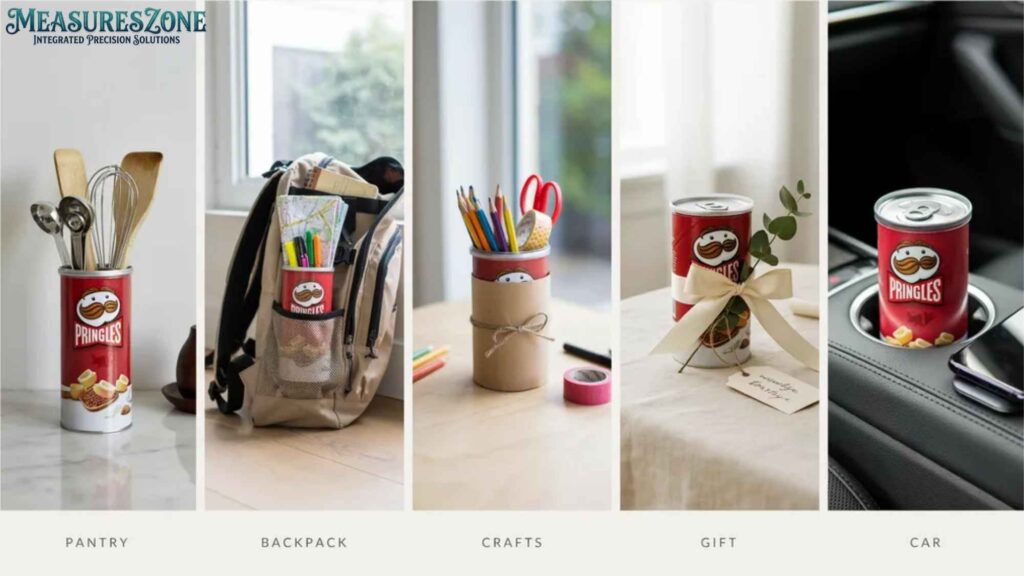 A collage showing five creative ways to repurpose a red Pringles can. It demonstrates uses for the pantry, backpacks, crafts, gifts, and car cup holders.