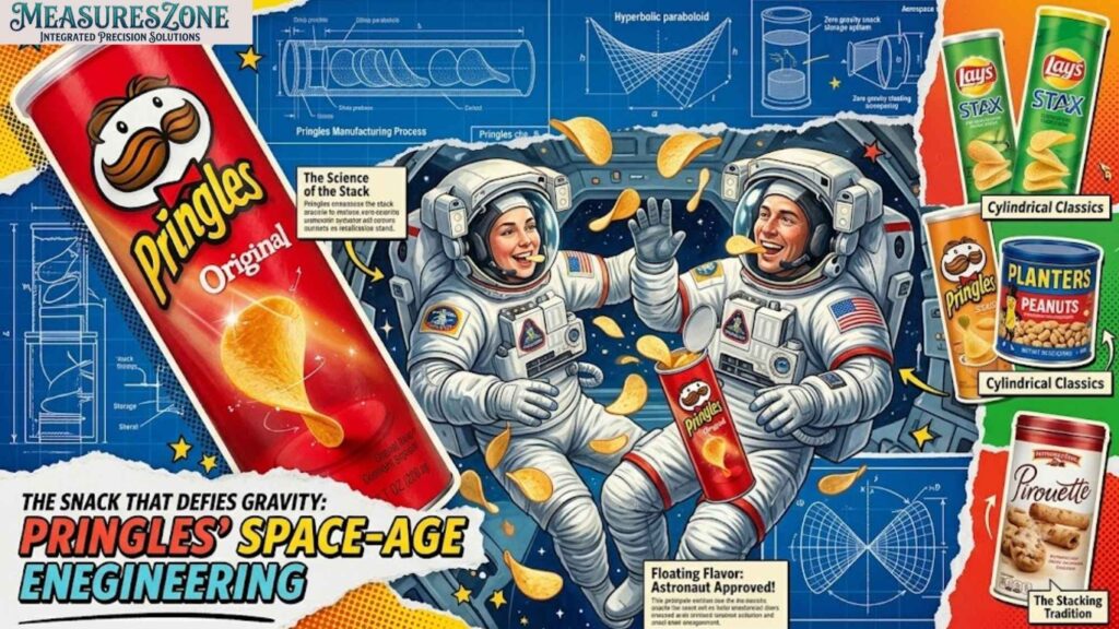 A vibrant, comic-style collage of astronauts eating floating Pringles in zero gravity. It includes an oversized Pringles can, engineering blueprints, and other cylindrical snacks.