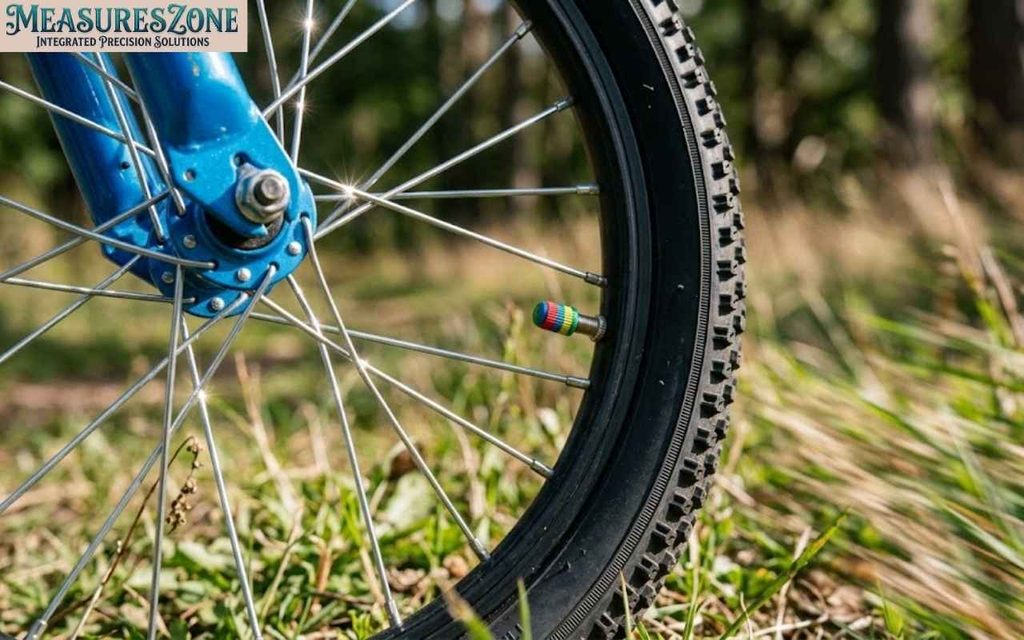 Close-up of a blue bicycle wheel with silver spokes and a colorful valve cap on grass.