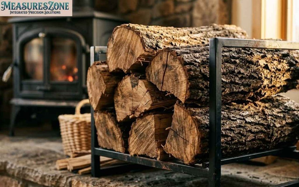 Stacked firewood logs beside a cast iron wood stove.