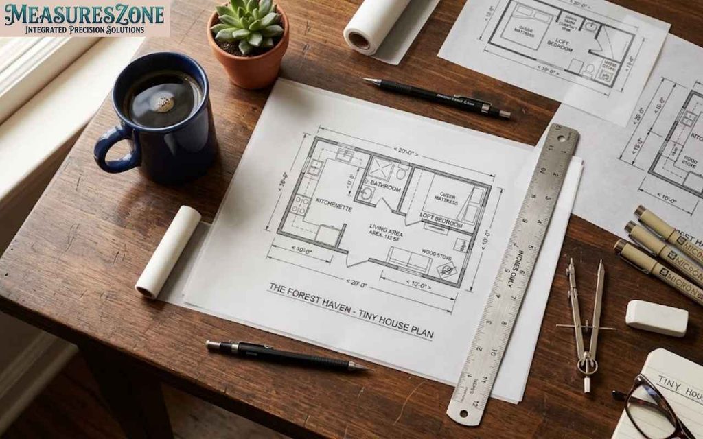 Blueprints, drafting tools, coffee, and ruler on a wooden desk.