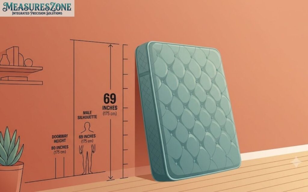 A teal mattress leaning vertically against a terracotta wall next to a 69-inch height comparison