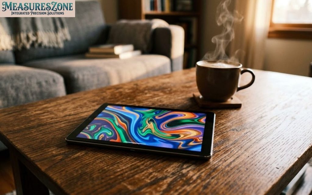 A tablet with a swirling colorful wallpaper sits on a wooden coffee table