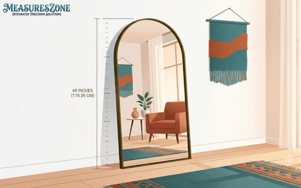 A leaning arched floor mirror with a 69" mark, reflecting a cozy interior.