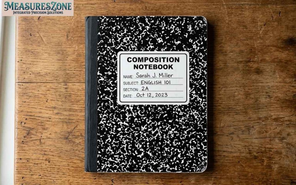A black and white marbled composition notebook labeled for Sarah J. Miller's