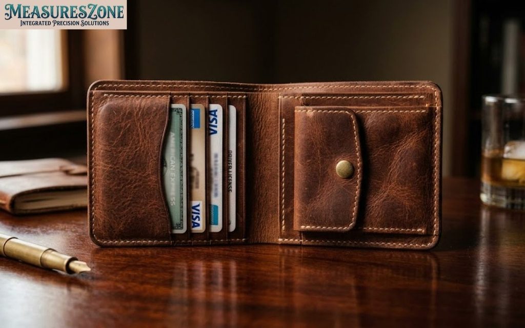 Brown leather wallet open on desk, cards and pouch visible