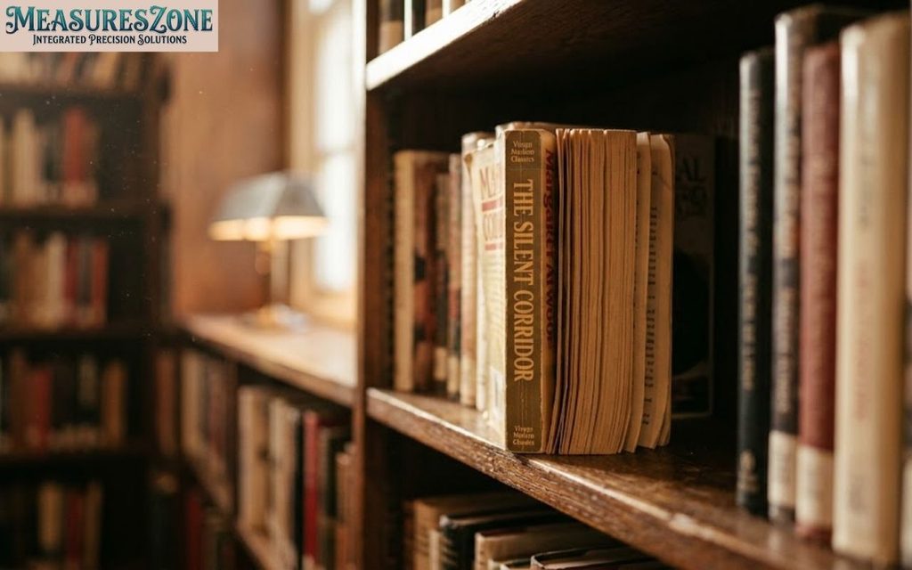 paperback book on a wooden shelf with a blurred library background.
