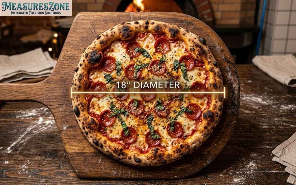 Top-down view of a pepperoni pizza on a wooden peel with a glowing 18-inch diameter measurement line.