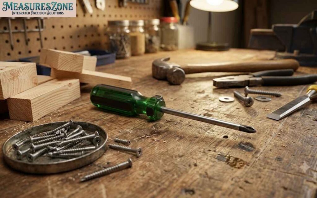 phillips screwdriver on a cluttered workbench, measuring approximately 9 inches long.