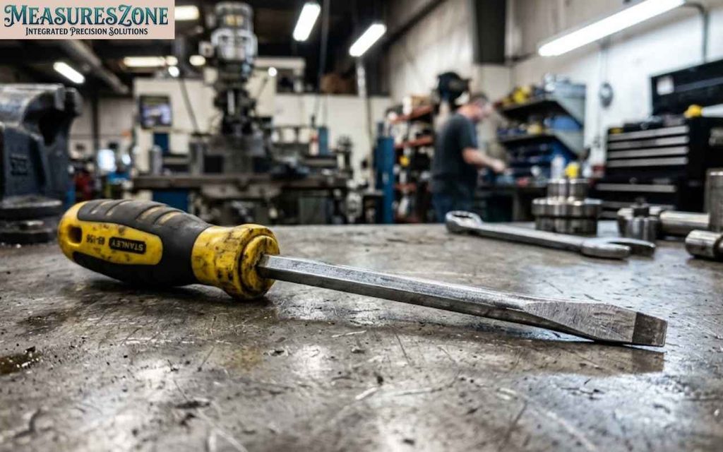 7-inch flathead screwdriver on a metal workbench.