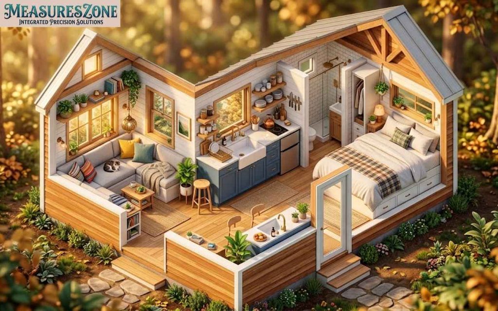 Detailed isometric cutaway model of a cozy small home in a golden forest.