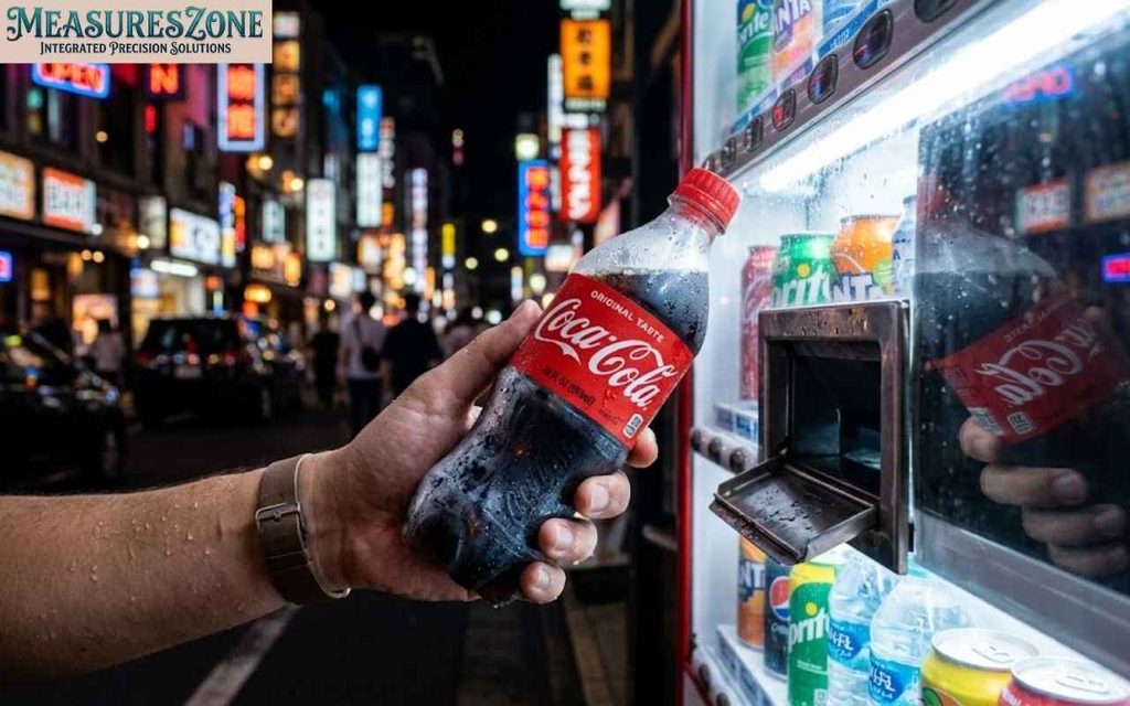 Hand holding a cold Coca-Cola bottle next to a vending machine on a neon-lit city street at night.