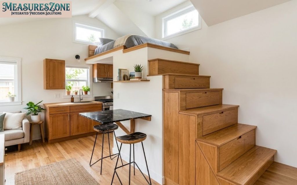 Tiny house interior with storage stairs, loft bed, fold-down table, and compact kitchen.