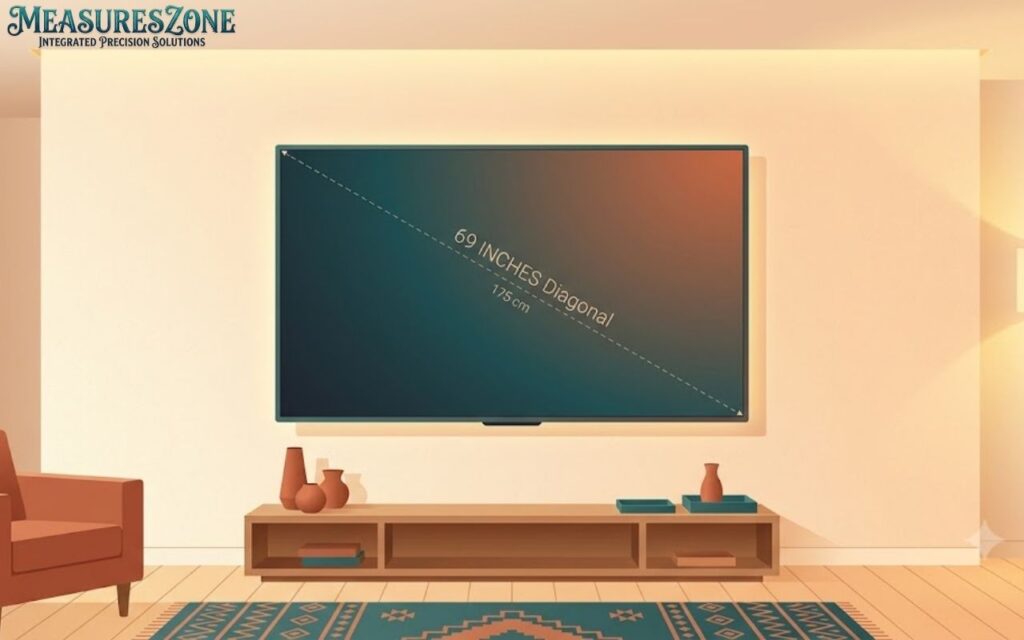 A wall-mounted flat-screen TV in a modern living room, marked with a 69-inch diagonal measurement.