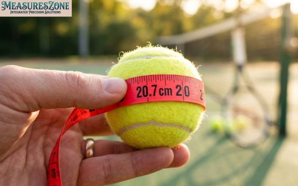 Hand wrapping a red measuring tape around a yellow tennis ball.