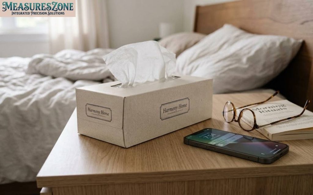 Rectangular tissue box on a wooden nightstand next to a smartphone and reading glasses