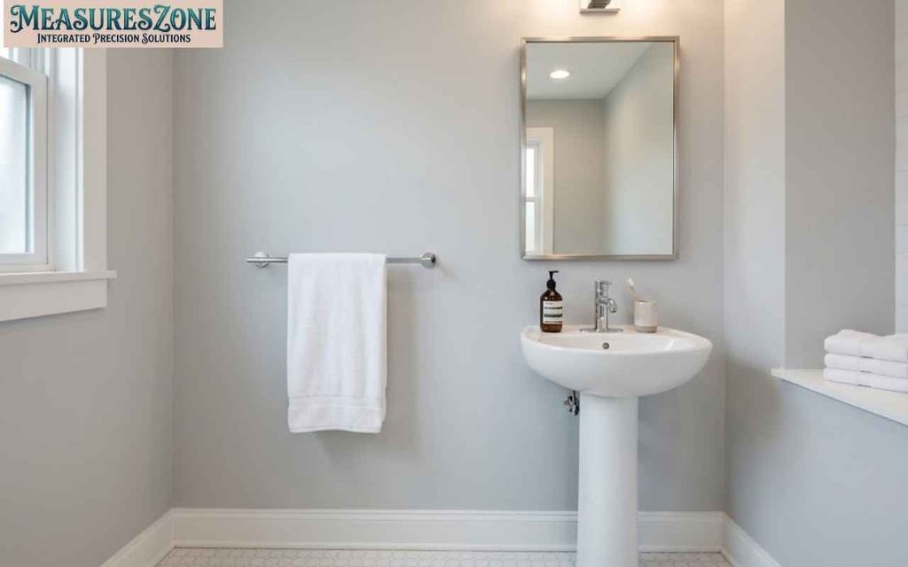Modern gray bathroom with a pedestal sink and towel bar.