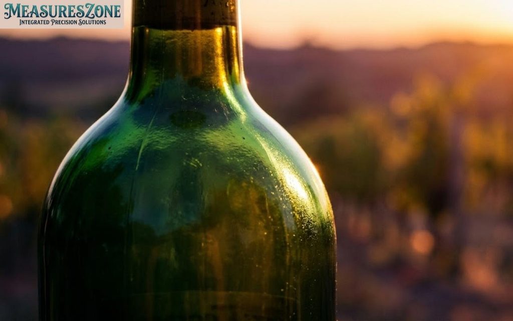 Sunlit shoulder of a green glass wine bottle against a blurred vineyard sunset.