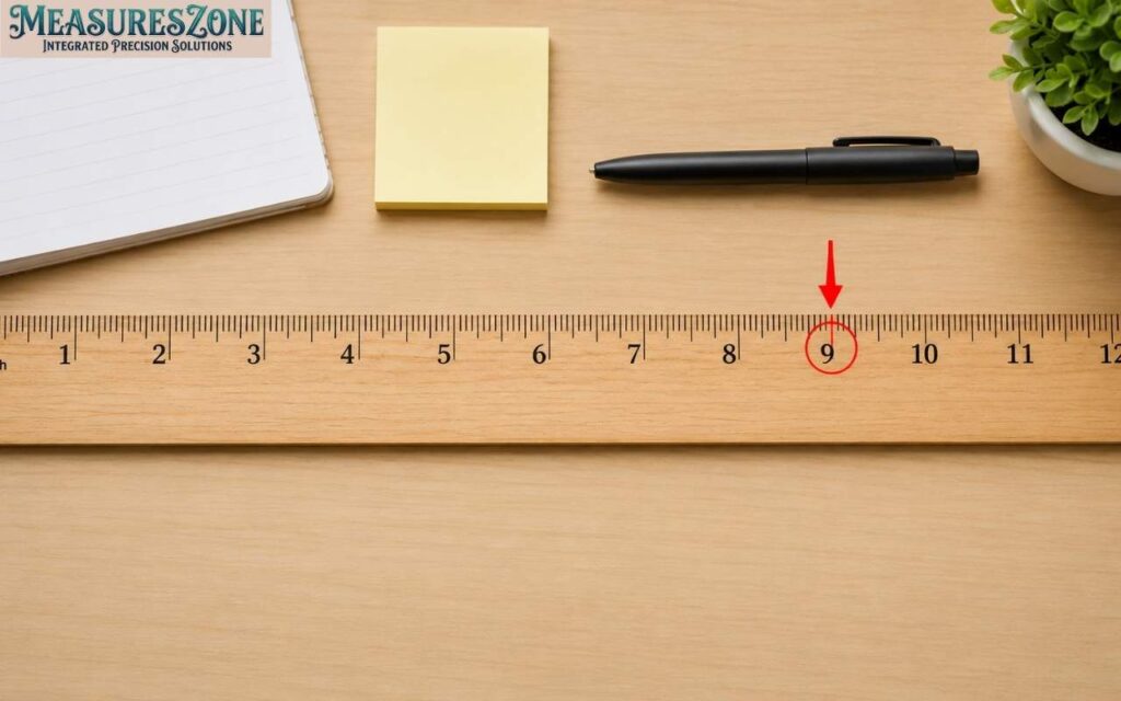Wooden 12 inch ruler on a desk with the 9 inch mark highlighted by a red arrow and circle.
