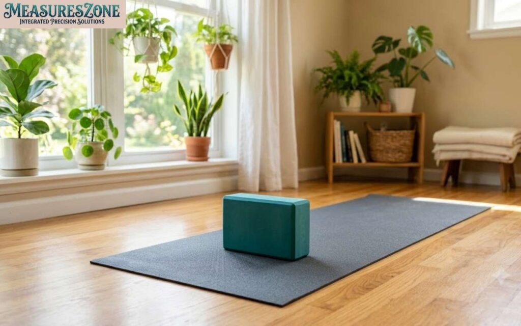A teal foam yoga block resting on a yoga mat in a sunlit room with plants.