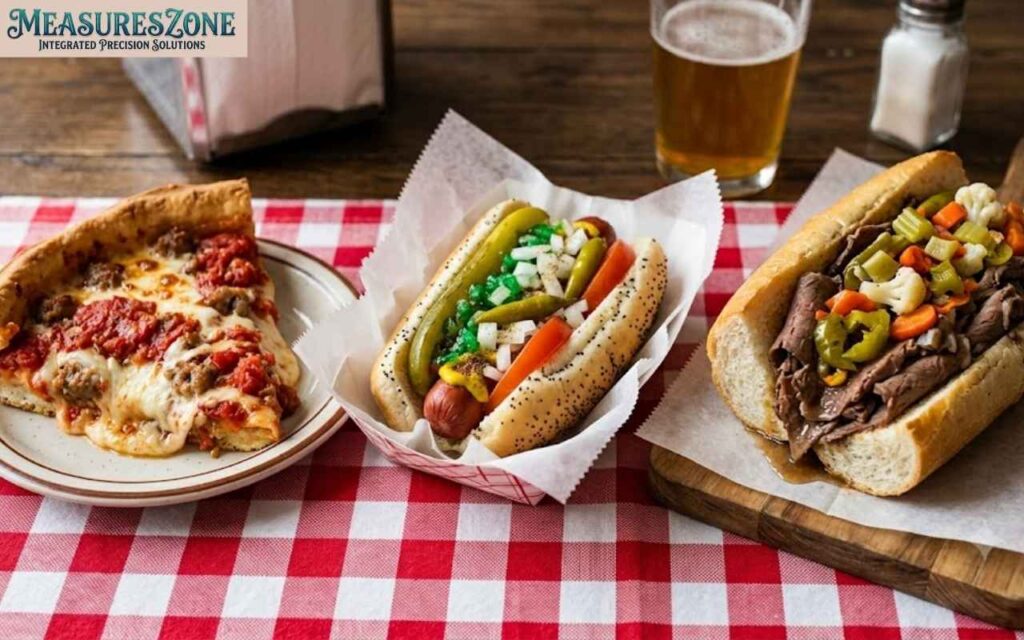 Deep-dish pizza slice, hot dog, and Italian beef sandwich on a checkered tablecloth.