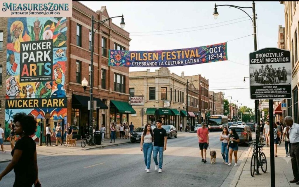 Chicago street scene with Wicker Park mural, Pilsen banner, and Bronzeville sign.
