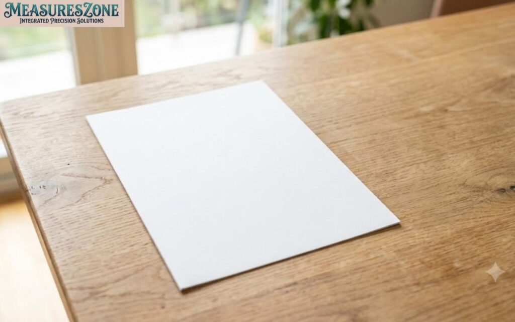 Blank white sheet of paper on a wooden table for comparing 9 inches.