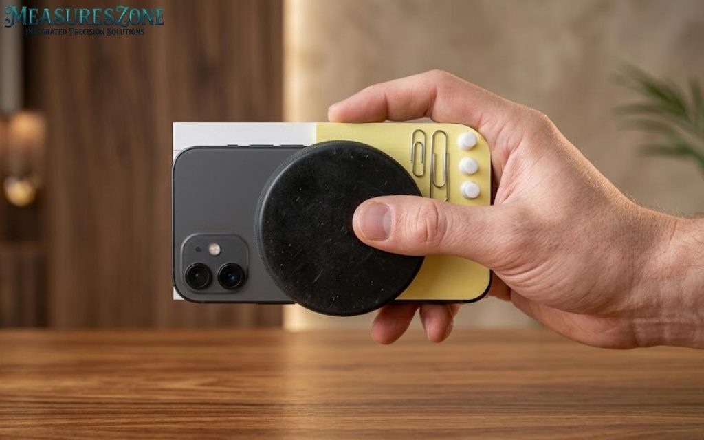 Adult hand holding a smartphone, hockey puck, paperclip, buttons, and sticky note illustrating 3 inches.