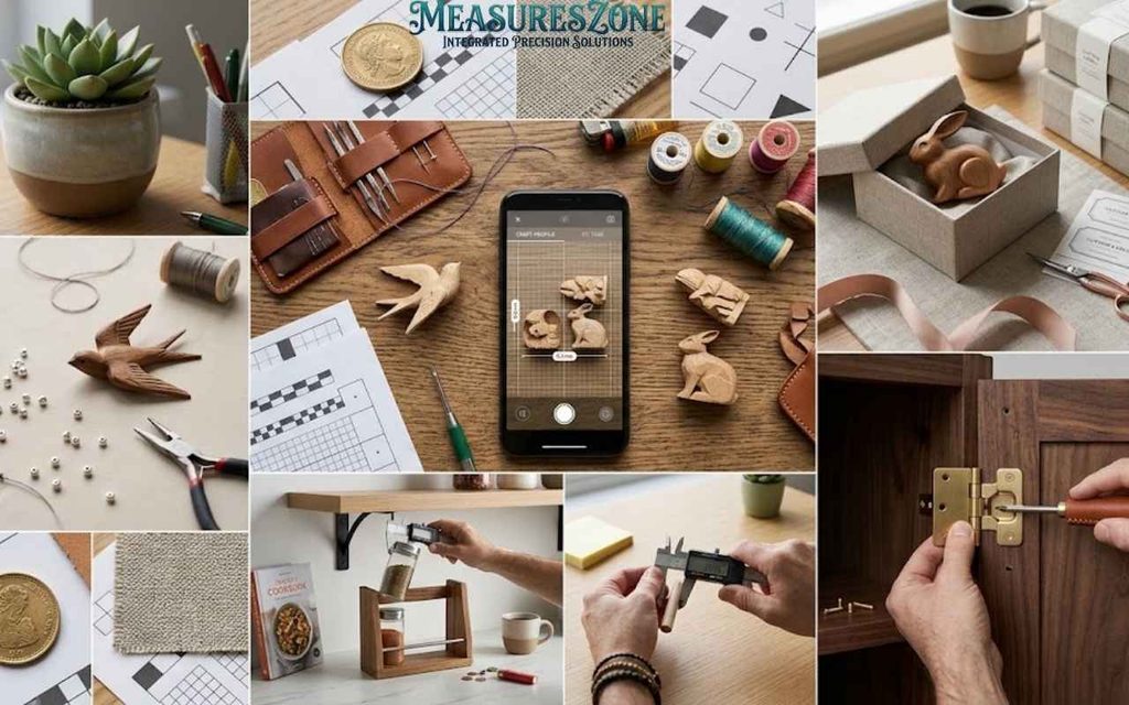 Photo collage showing measuring, wood crafting, hinge assembly, and gift box packaging.