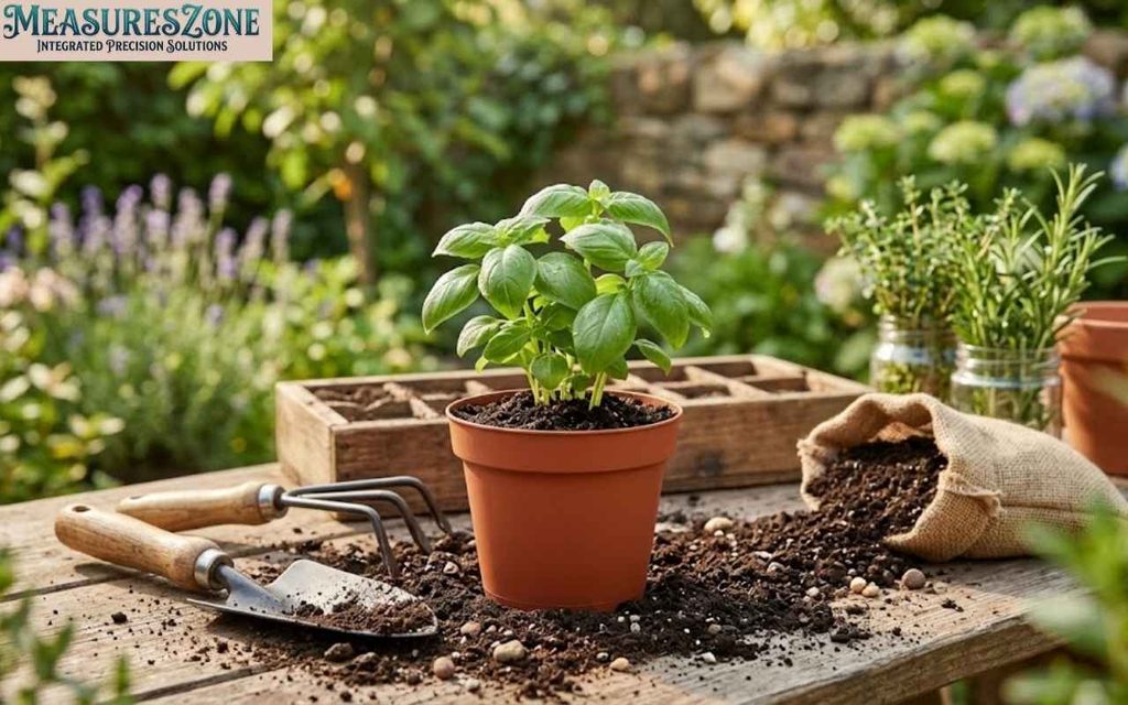 Terracotta basil pot with gardening tools and soil on a wooden table.
