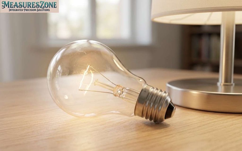 Light bulb beside a table lamp base on a wooden surface.