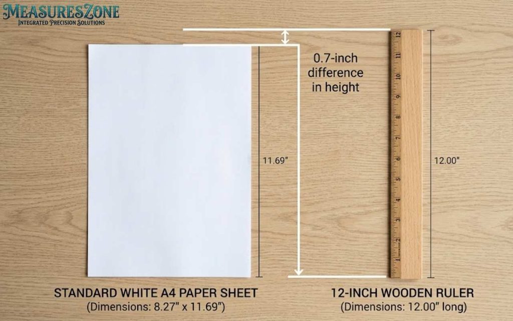 A4 paper beside a 12-inch ruler showing their size difference.