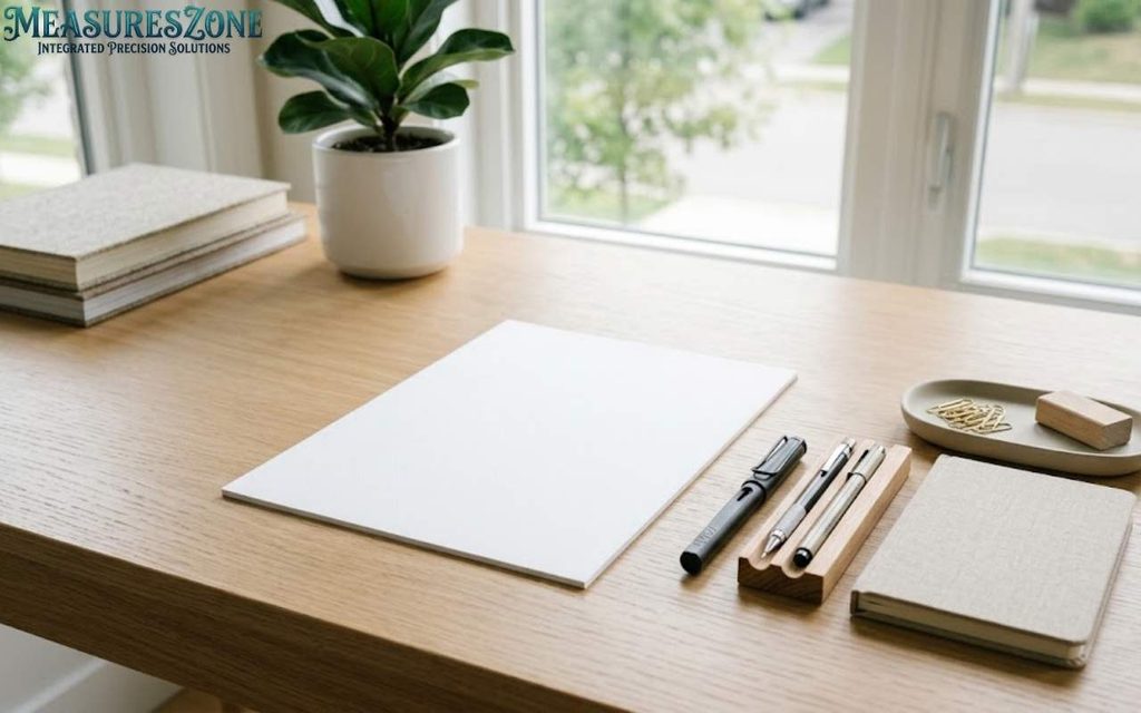 Blank white A4 paper on a wooden desk with stationery.