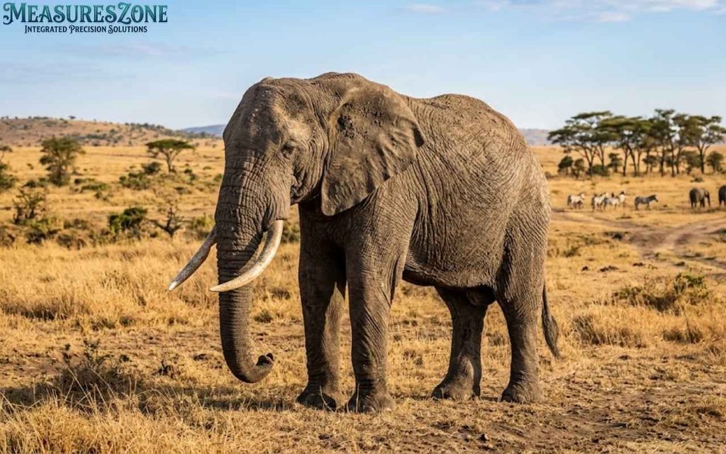 A large African elephant with prominent tusks and a curled trunk stands in a golden-hour savanna.